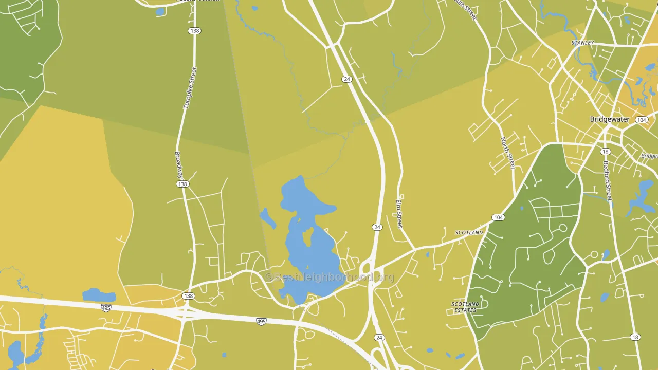 Map of the best neighborhoods in the Cochesett area, with better matches in green and worse matches in red