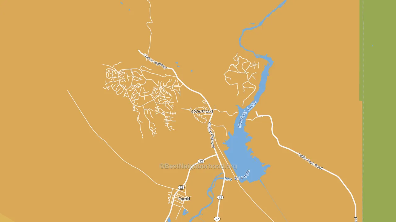 Map of the best neighborhoods in the Cochiti Lake area, with better matches in green and worse matches in red