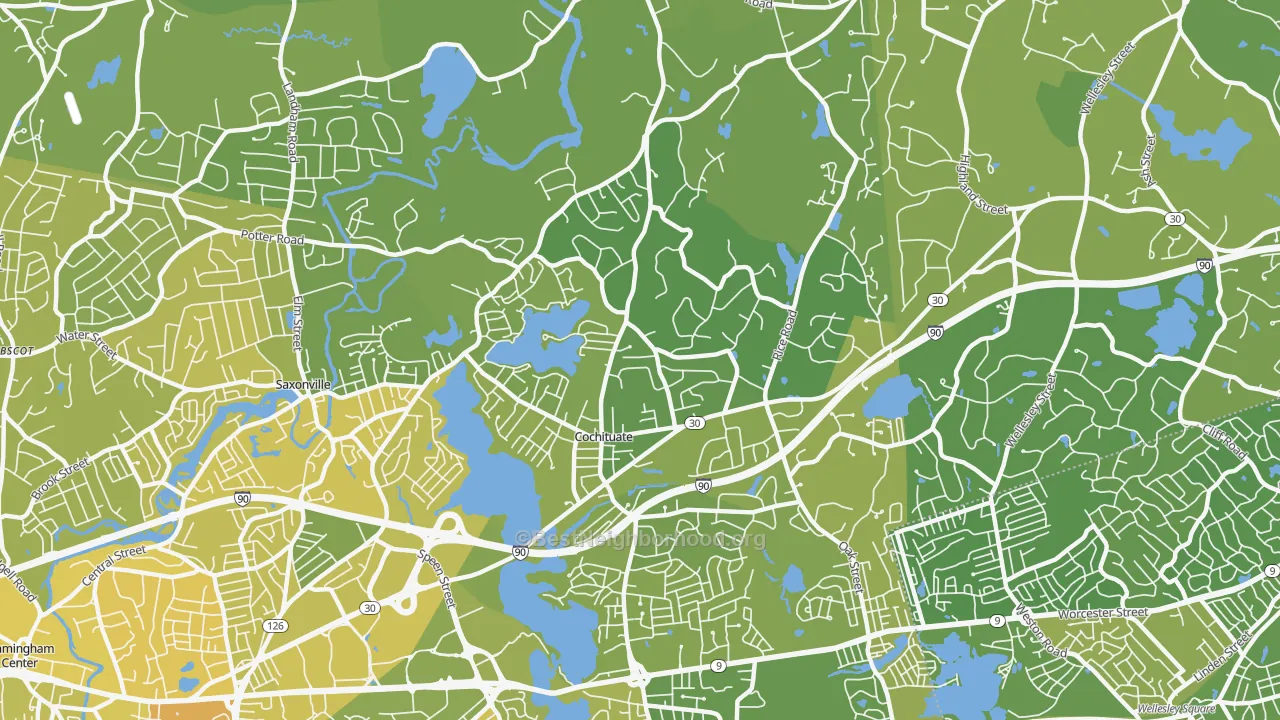Map of the best neighborhoods in the Cochituate area, with better matches in green and worse matches in red