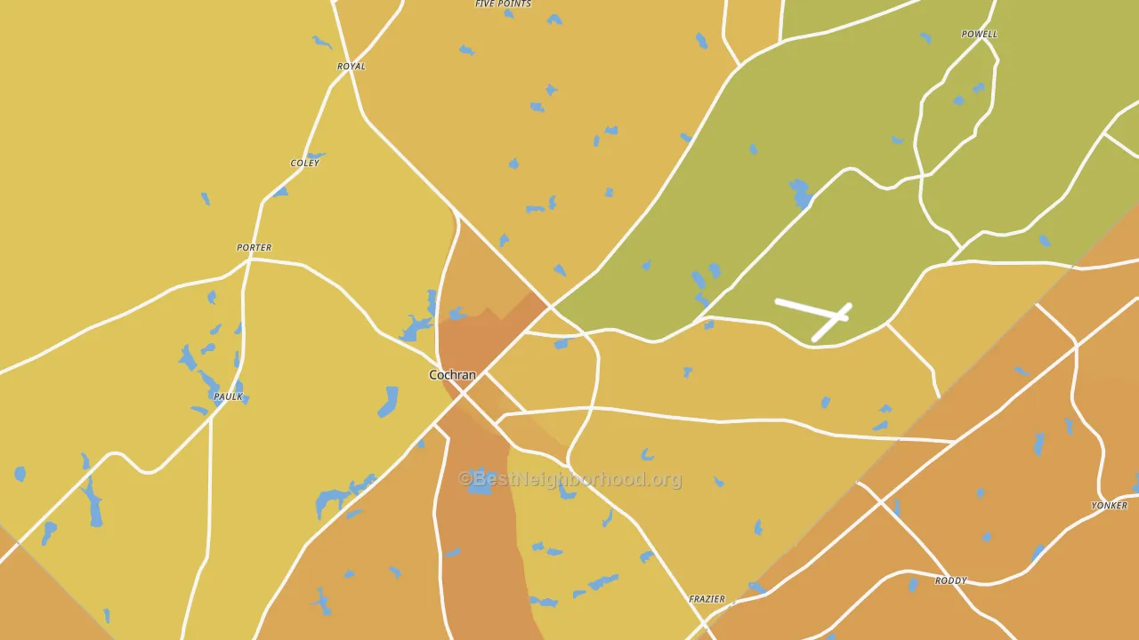 Map of the best neighborhoods in the Cochran area, with better matches in green and worse matches in red