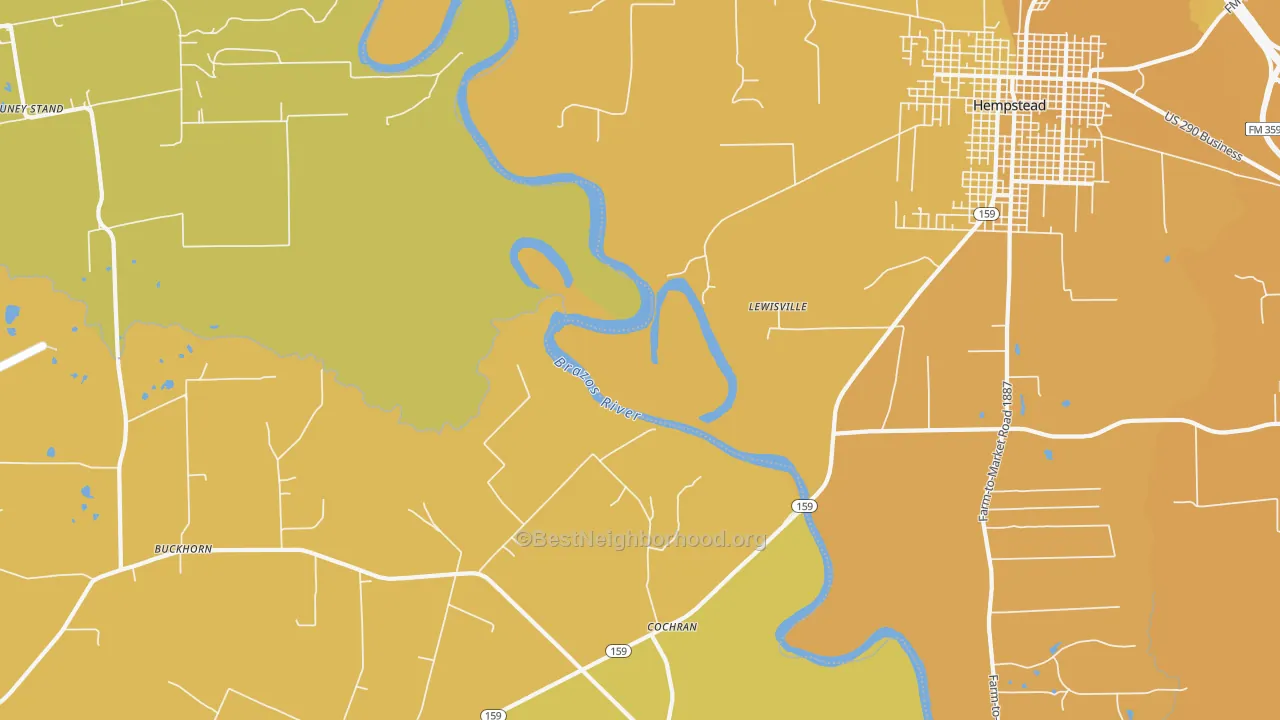 Map of the best neighborhoods in the Cochran area, with better matches in green and worse matches in red