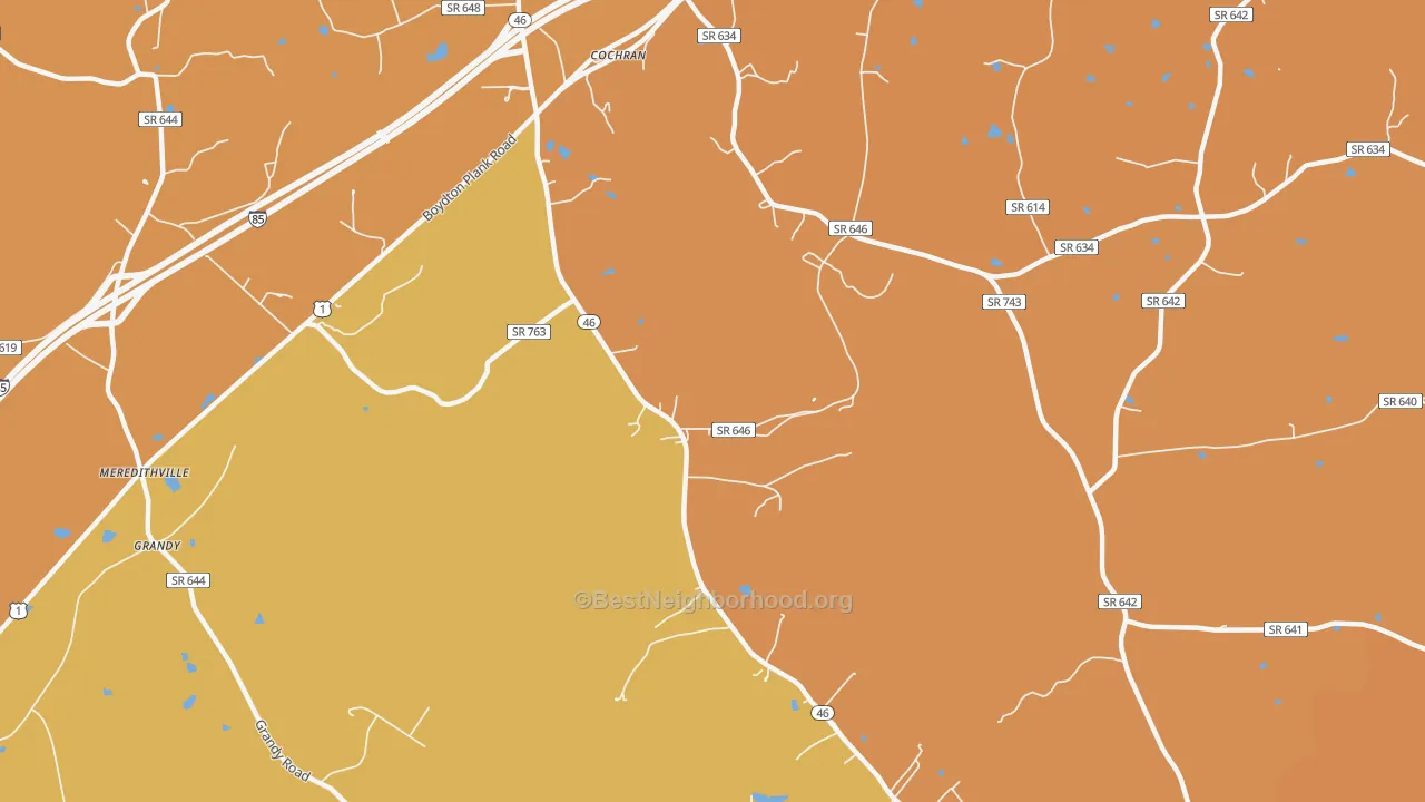 Map of the best neighborhoods in the Cochran area, with better matches in green and worse matches in red