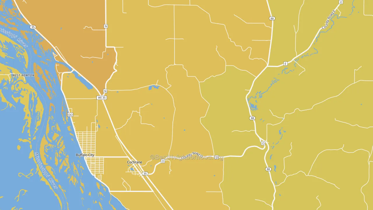 Map of the best neighborhoods in the Cochrane area, with better matches in green and worse matches in red