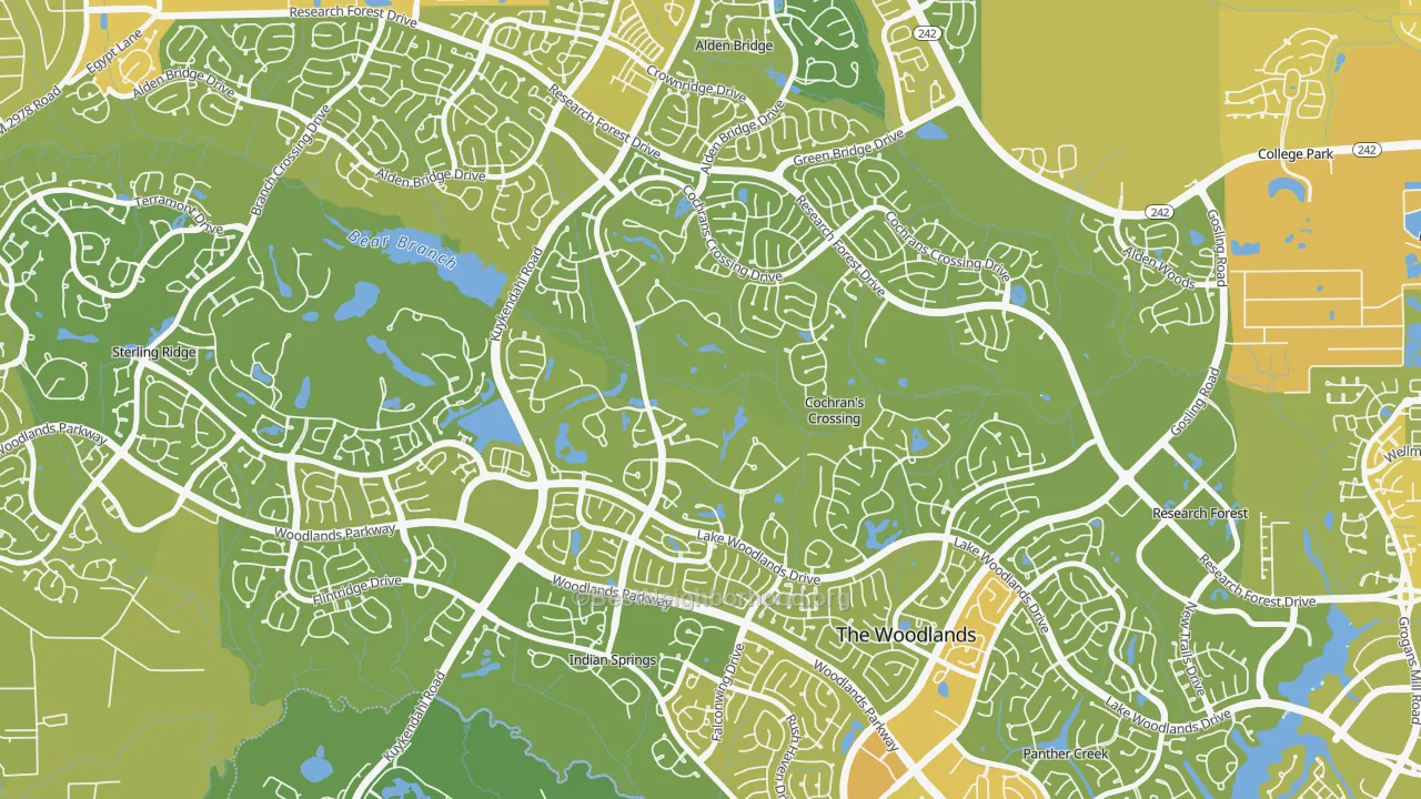 Map of the best neighborhoods in the Cochran's Crossing, The Woodlands area, with better matches in green and worse matches in red