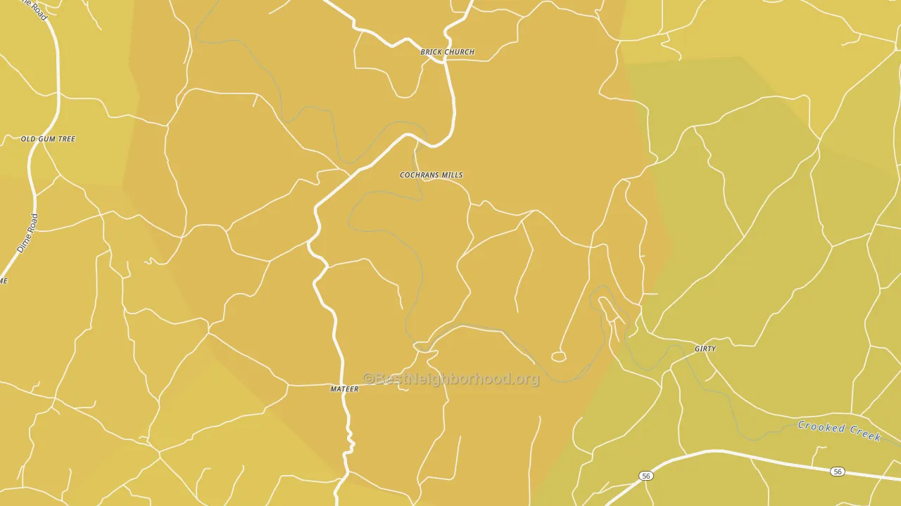 Map of the best neighborhoods in the Cochrans Mills area, with better matches in green and worse matches in red