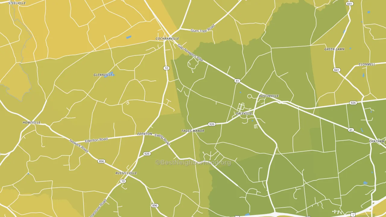 Map of the best neighborhoods in the Cochranville area, with better matches in green and worse matches in red