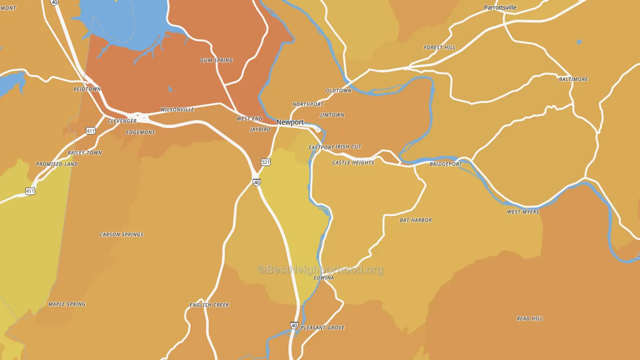Map of the best neighborhoods in the Cocke County area, with better matches in green and worse matches in red