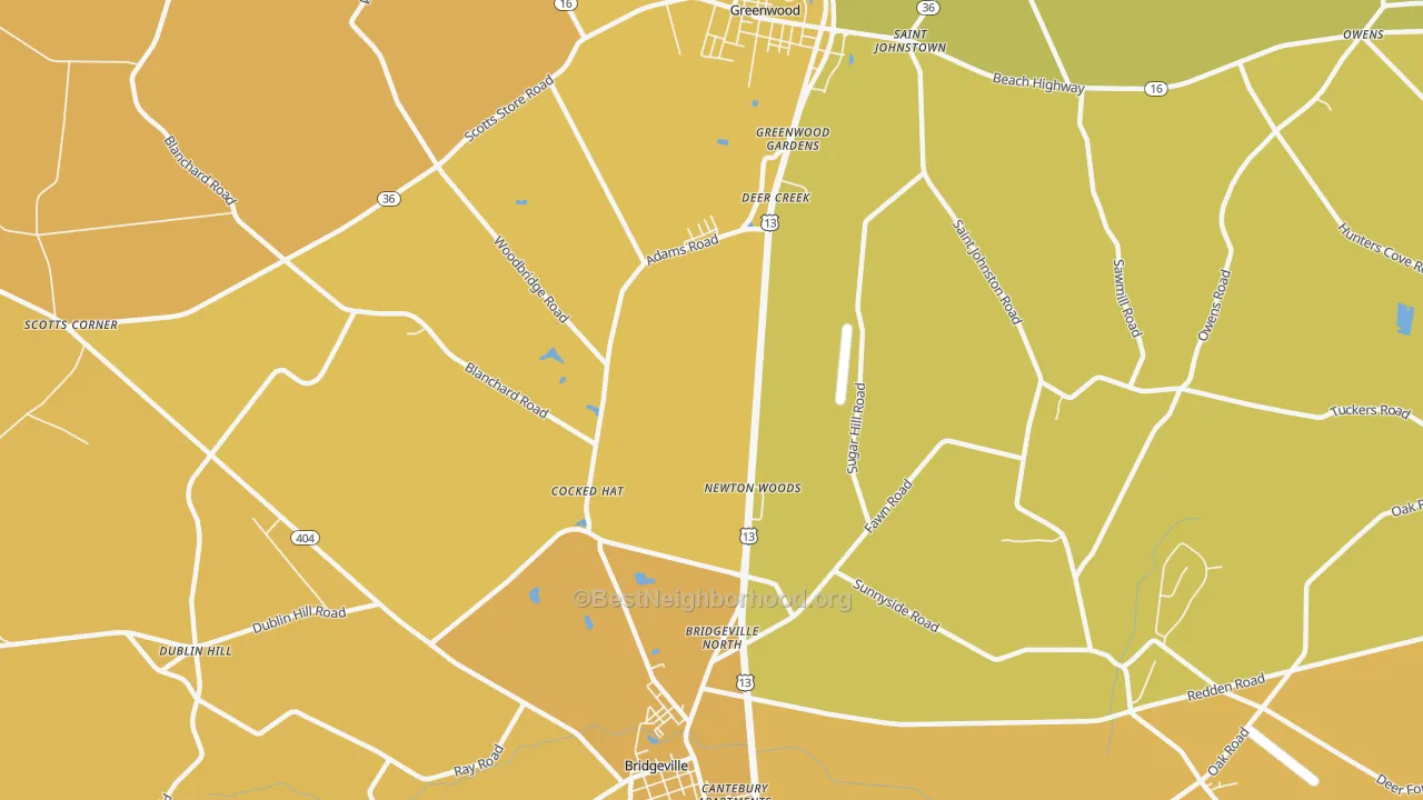 Map of the best neighborhoods in the Cocked Hat area, with better matches in green and worse matches in red