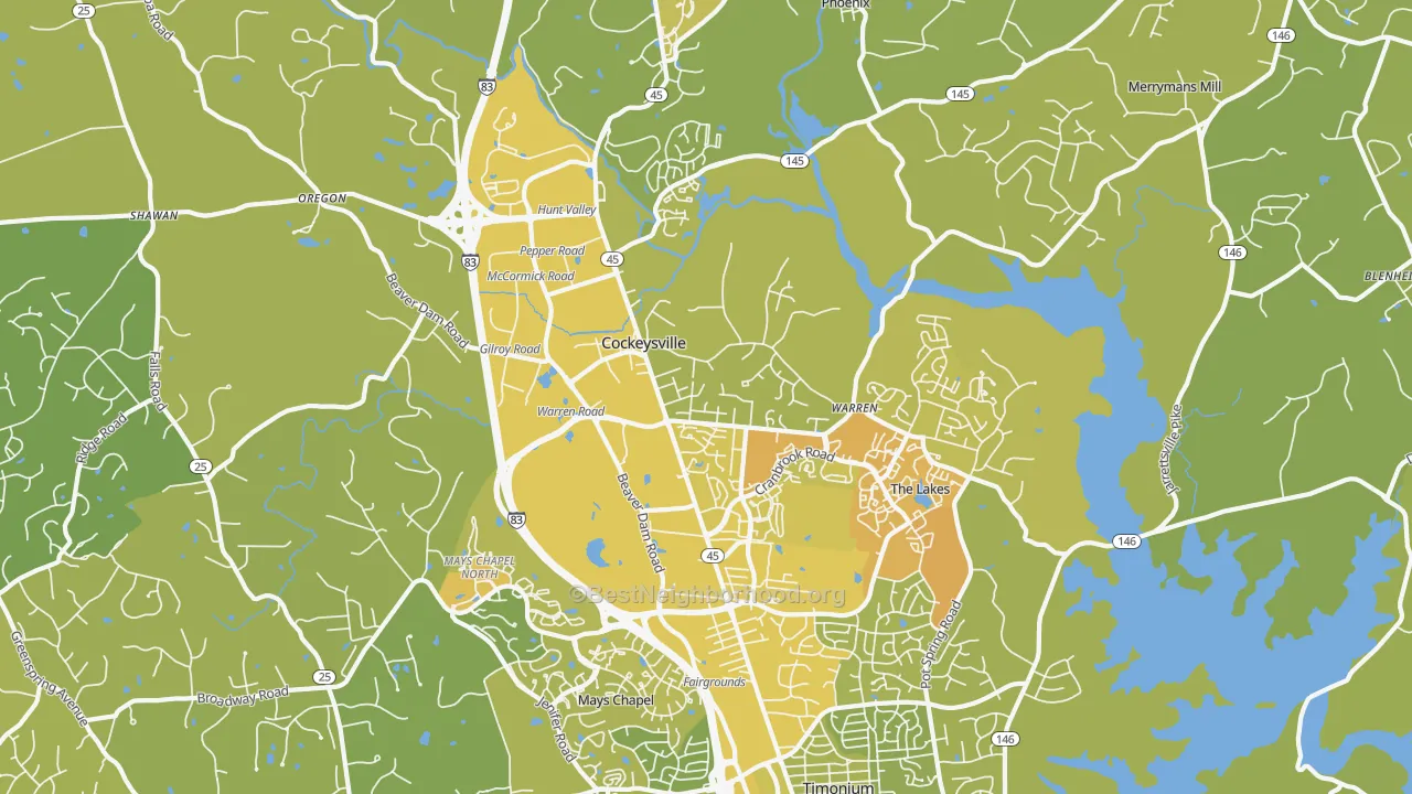 Map of the best neighborhoods in the Cockeysville area, with better matches in green and worse matches in red