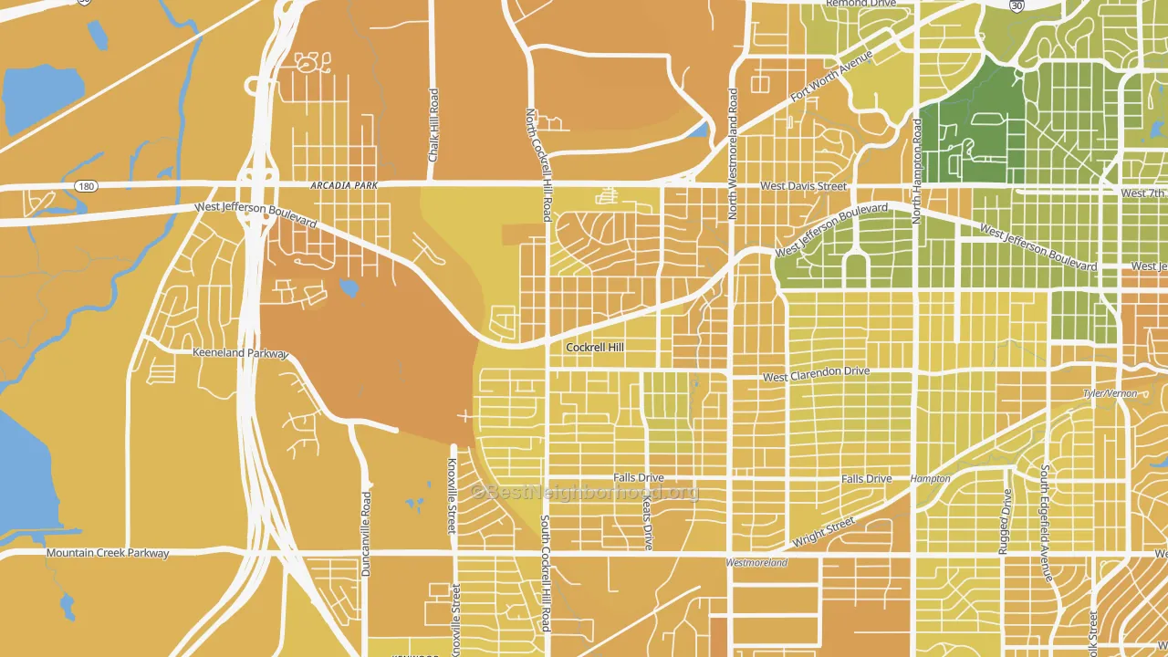 Map of the best neighborhoods in the Cockrell Hill area, with better matches in green and worse matches in red