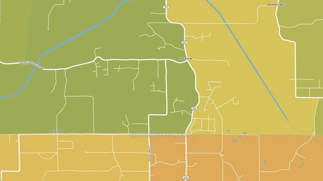 Map of the best neighborhoods in the Cockrum area, with better matches in green and worse matches in red