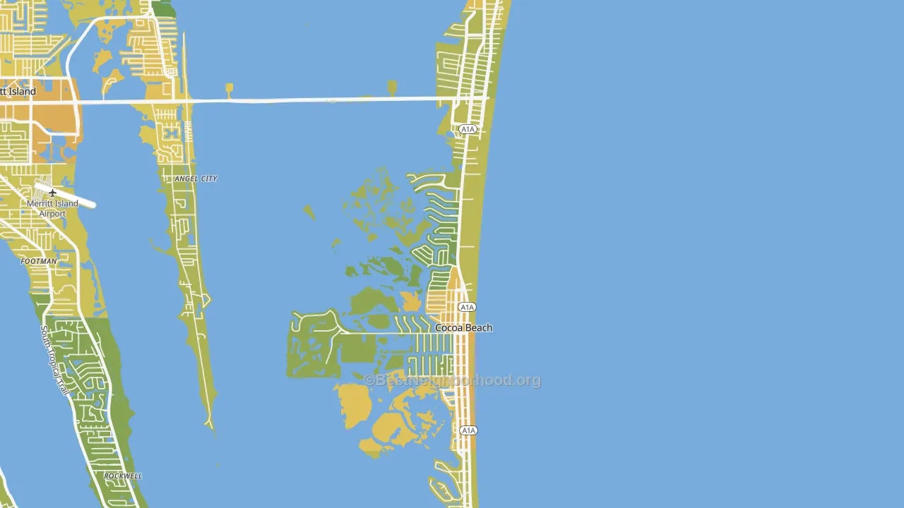 Map of the best neighborhoods in the Cocoa Beach area, with better matches in green and worse matches in red