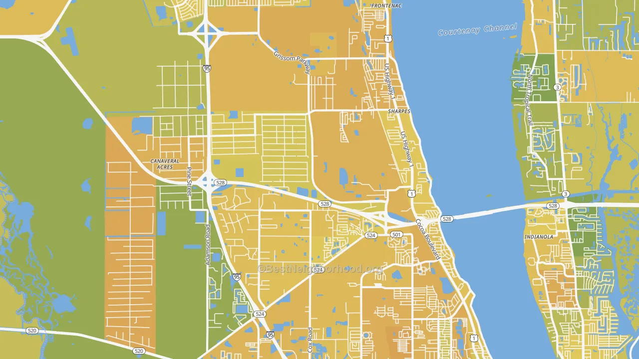 Map of the best neighborhoods in the Cocoa area, with better matches in green and worse matches in red