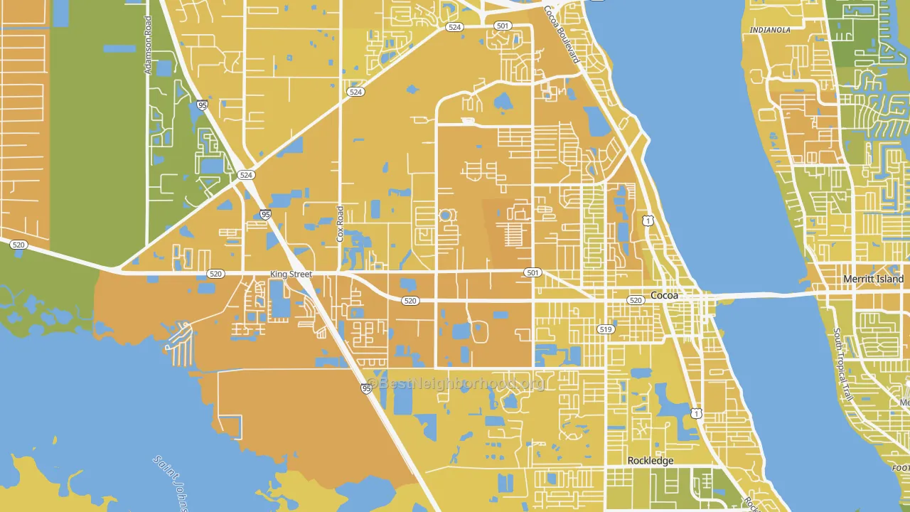 Map of the best neighborhoods in the Cocoa West area, with better matches in green and worse matches in red