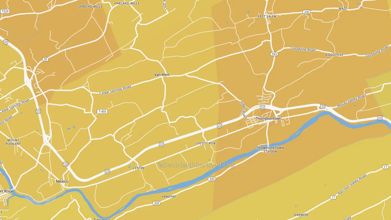 Map of the best neighborhoods in the Cocolamus area, with better matches in green and worse matches in red