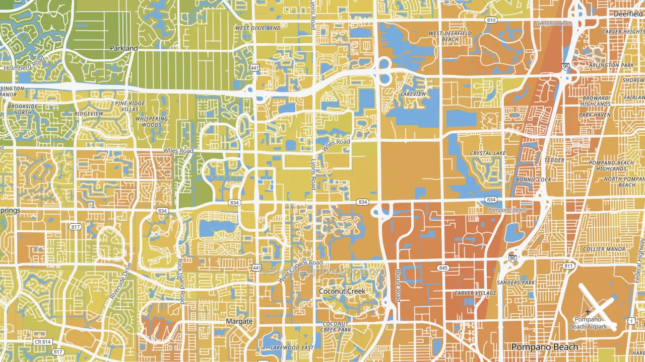 Map of the best neighborhoods in the Coconut Creek area, with better matches in green and worse matches in red
