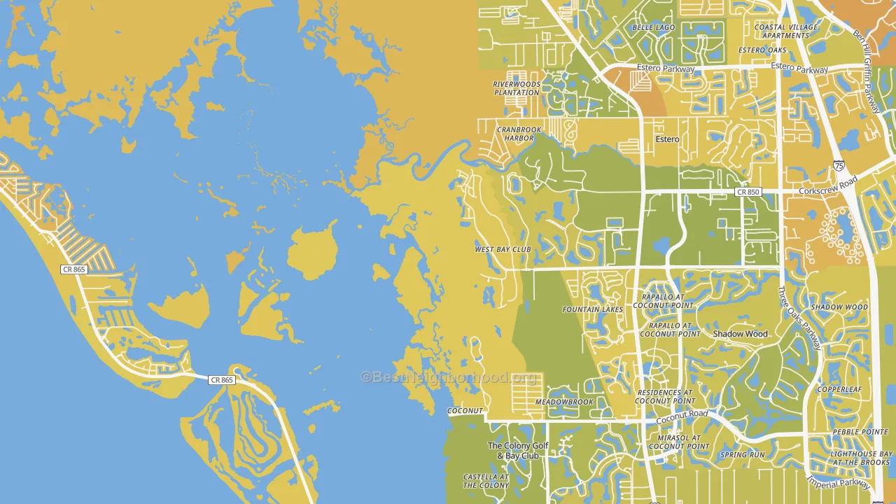 Map of the best neighborhoods in the Coconut area, with better matches in green and worse matches in red