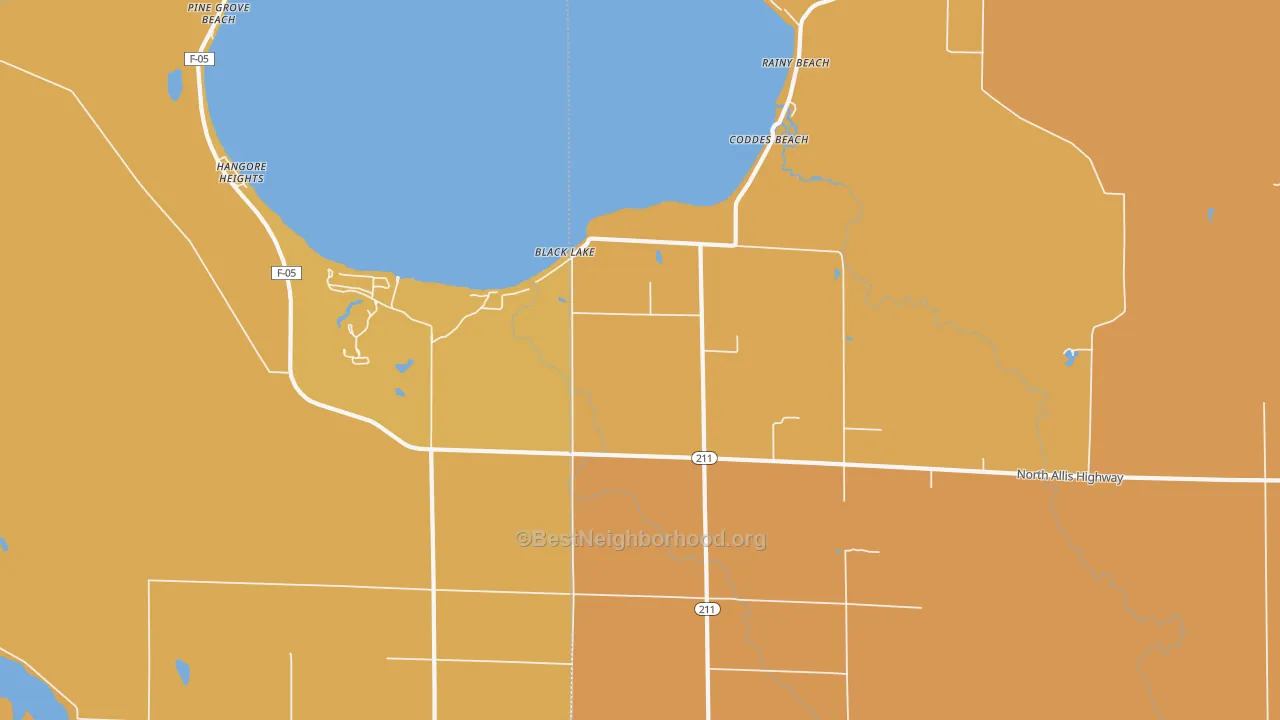 Map of the best neighborhoods in the Coddes Beach area, with better matches in green and worse matches in red