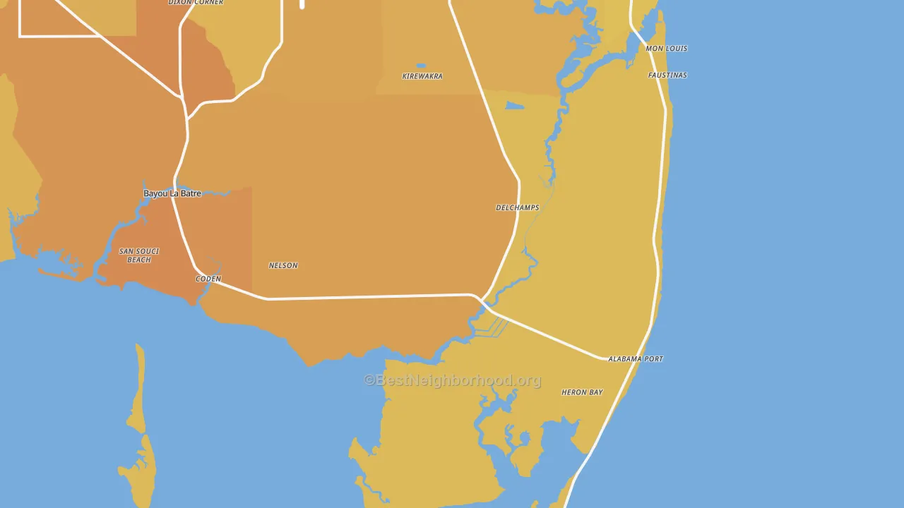 Map of the best neighborhoods in the Coden area, with better matches in green and worse matches in red