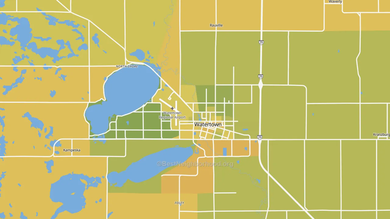 Map of the best neighborhoods in the Codington County area, with better matches in green and worse matches in red