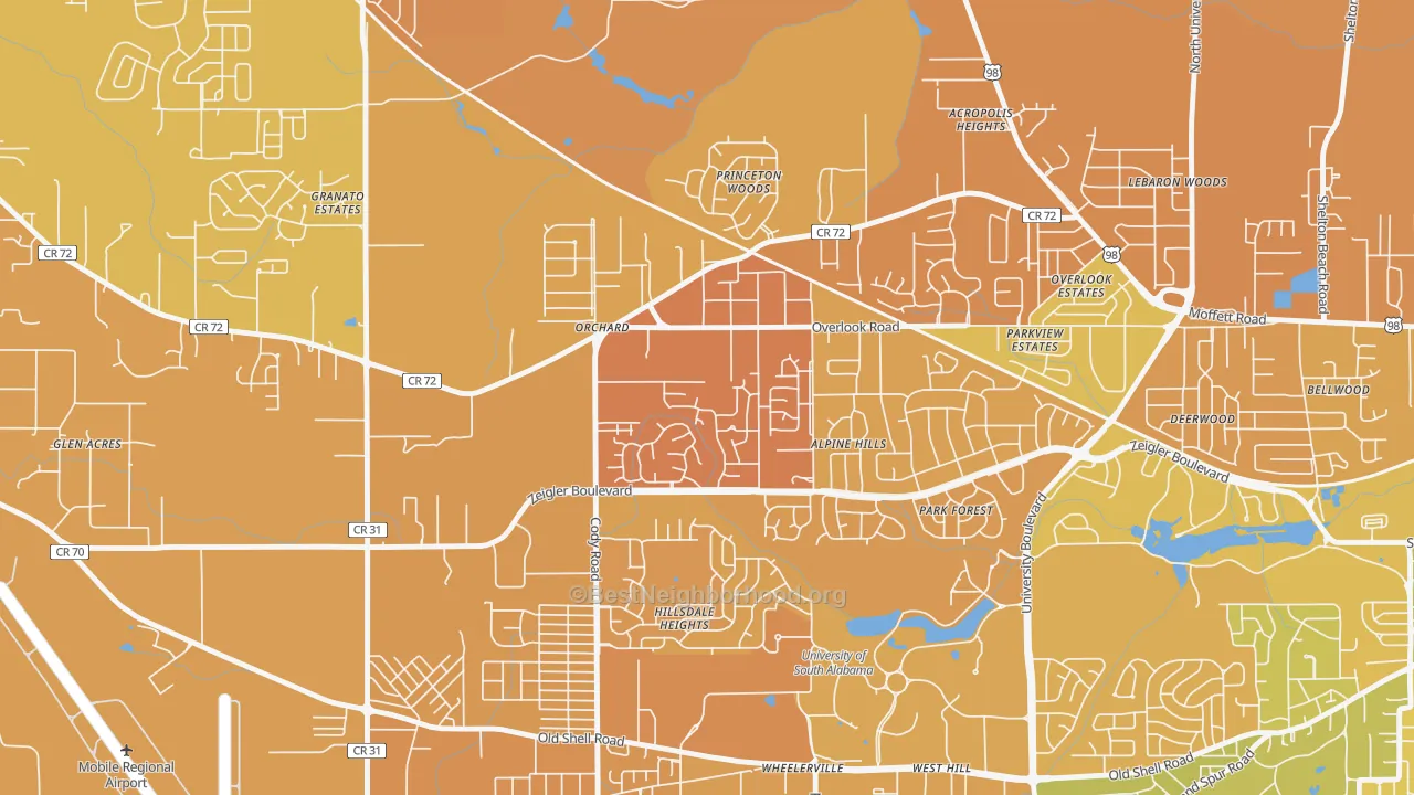 Map of the best neighborhoods in the Cody, Mobile area, with better matches in green and worse matches in red