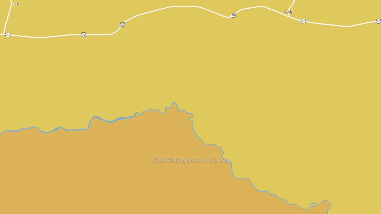 Map of the best neighborhoods in the Cody area, with better matches in green and worse matches in red