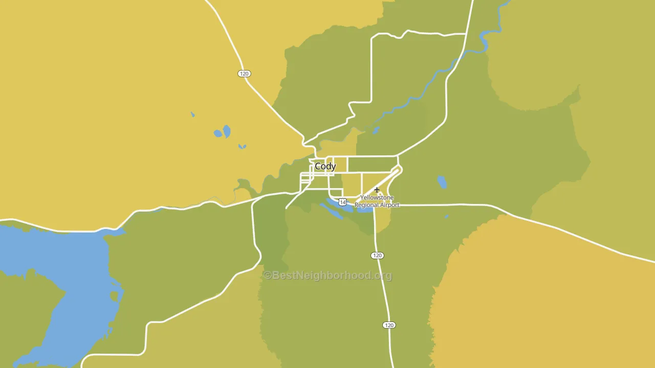 Map of the best neighborhoods in the Cody area, with better matches in green and worse matches in red