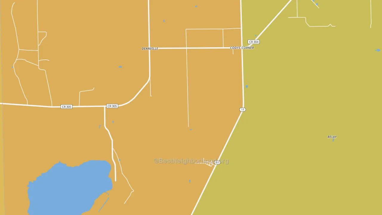 Map of the best neighborhoods in the Codys Corner area, with better matches in green and worse matches in red