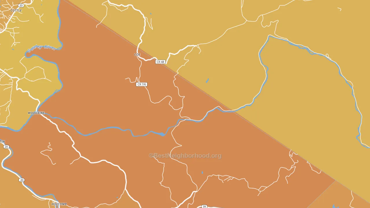 Map of the best neighborhoods in the Coe area, with better matches in green and worse matches in red