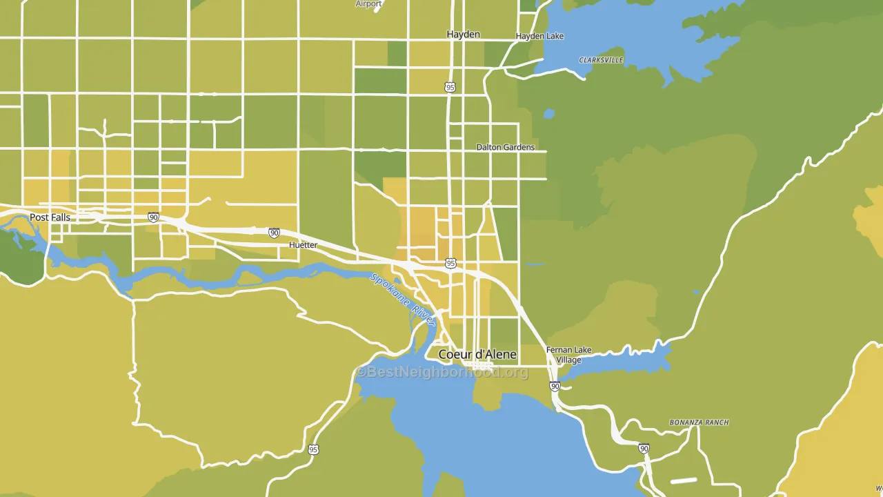 Map of the best neighborhoods in the Coeur d'Alene Metro area, with better matches in green and worse matches in red