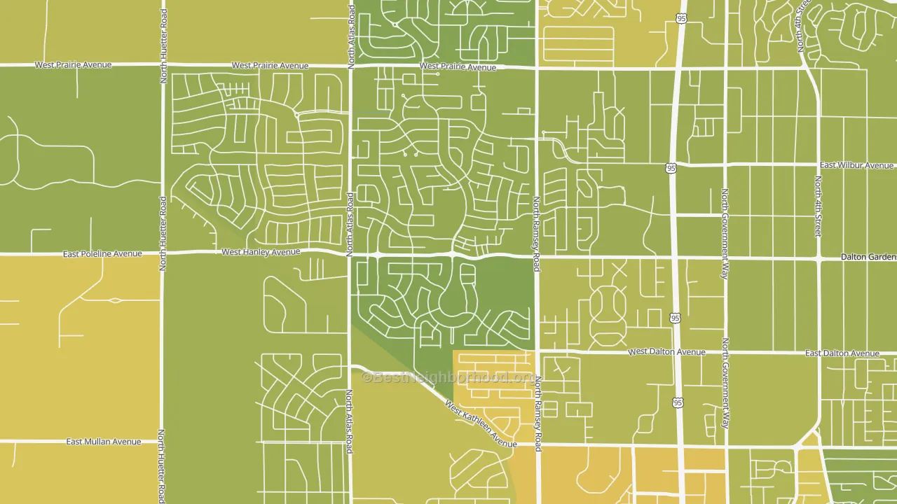 Map of the best neighborhoods in the Coeur D'Alene Place, Coeur d'Alene area, with better matches in green and worse matches in red