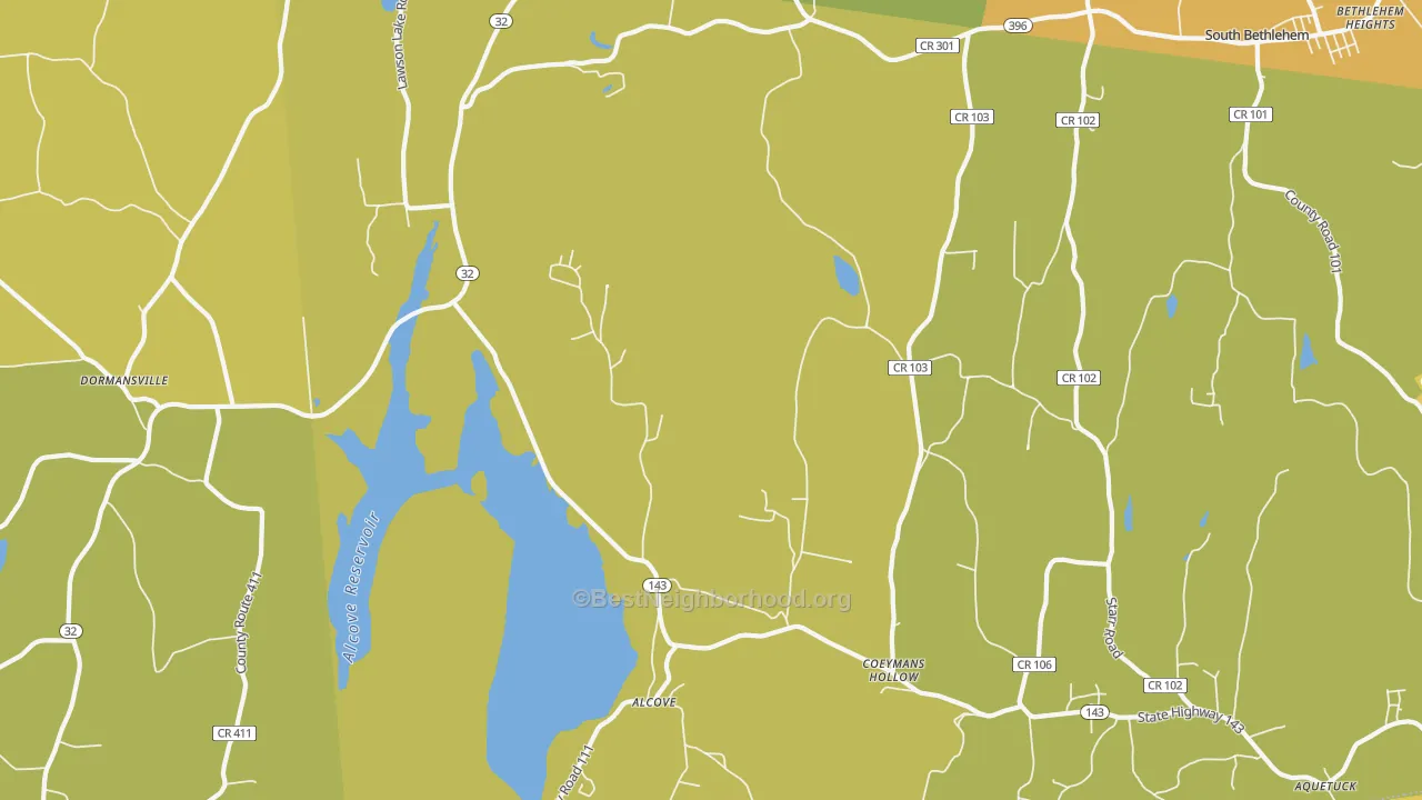 Map of the best neighborhoods in the Coeymans Hollow area, with better matches in green and worse matches in red