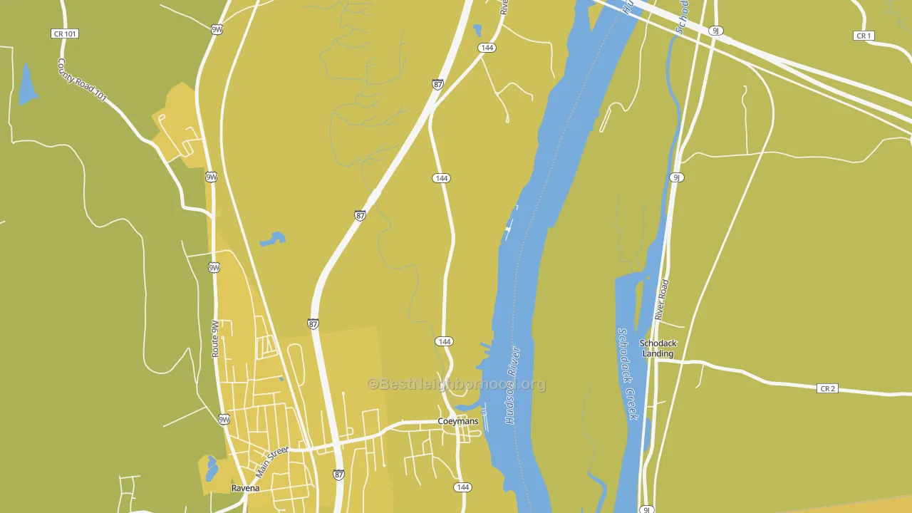 Map of the best neighborhoods in the Coeymans area, with better matches in green and worse matches in red