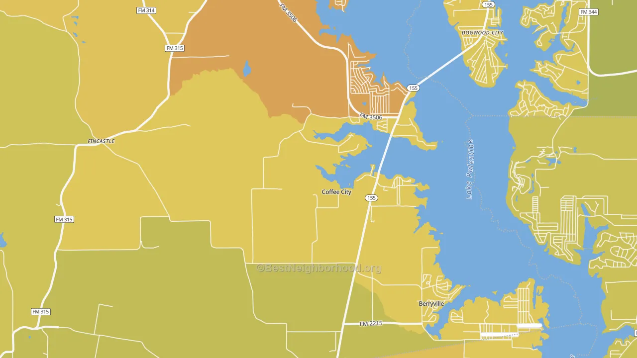 Map of the best neighborhoods in the Coffee City area, with better matches in green and worse matches in red