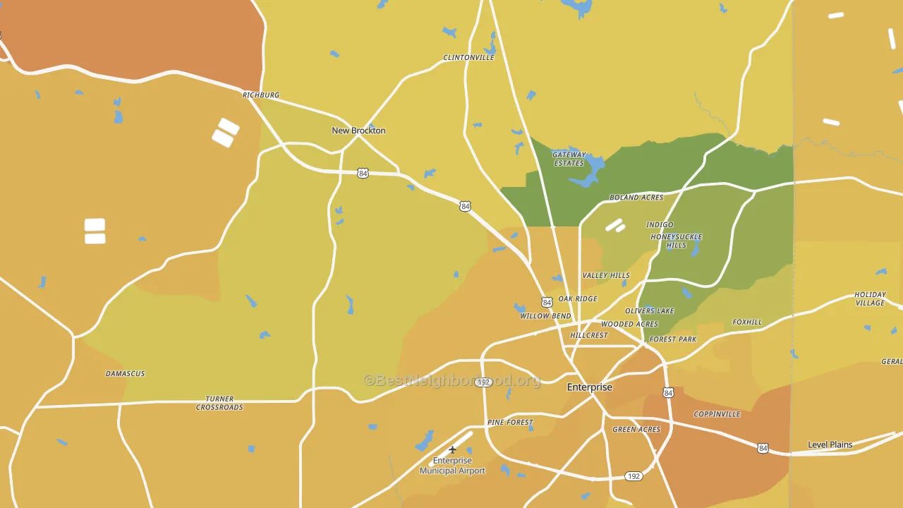 Map of the best neighborhoods in the Coffee County area, with better matches in green and worse matches in red