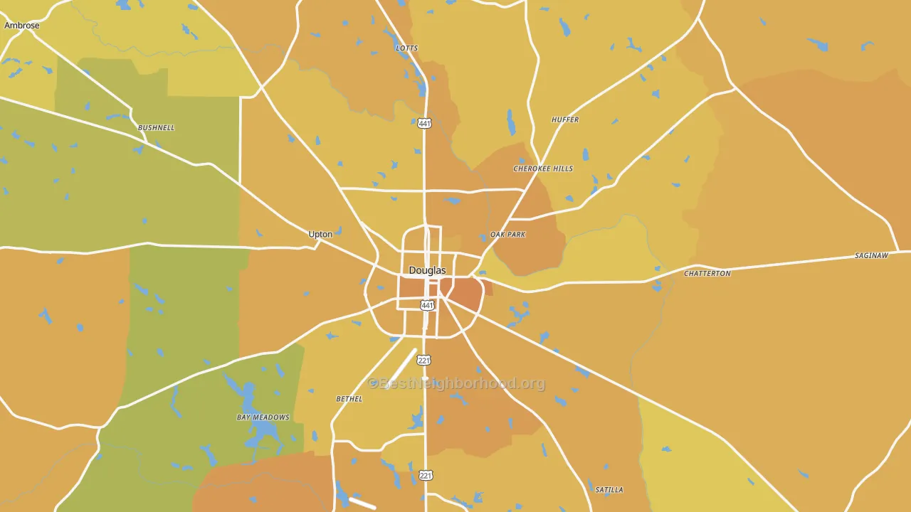 Map of the best neighborhoods in the Coffee County area, with better matches in green and worse matches in red