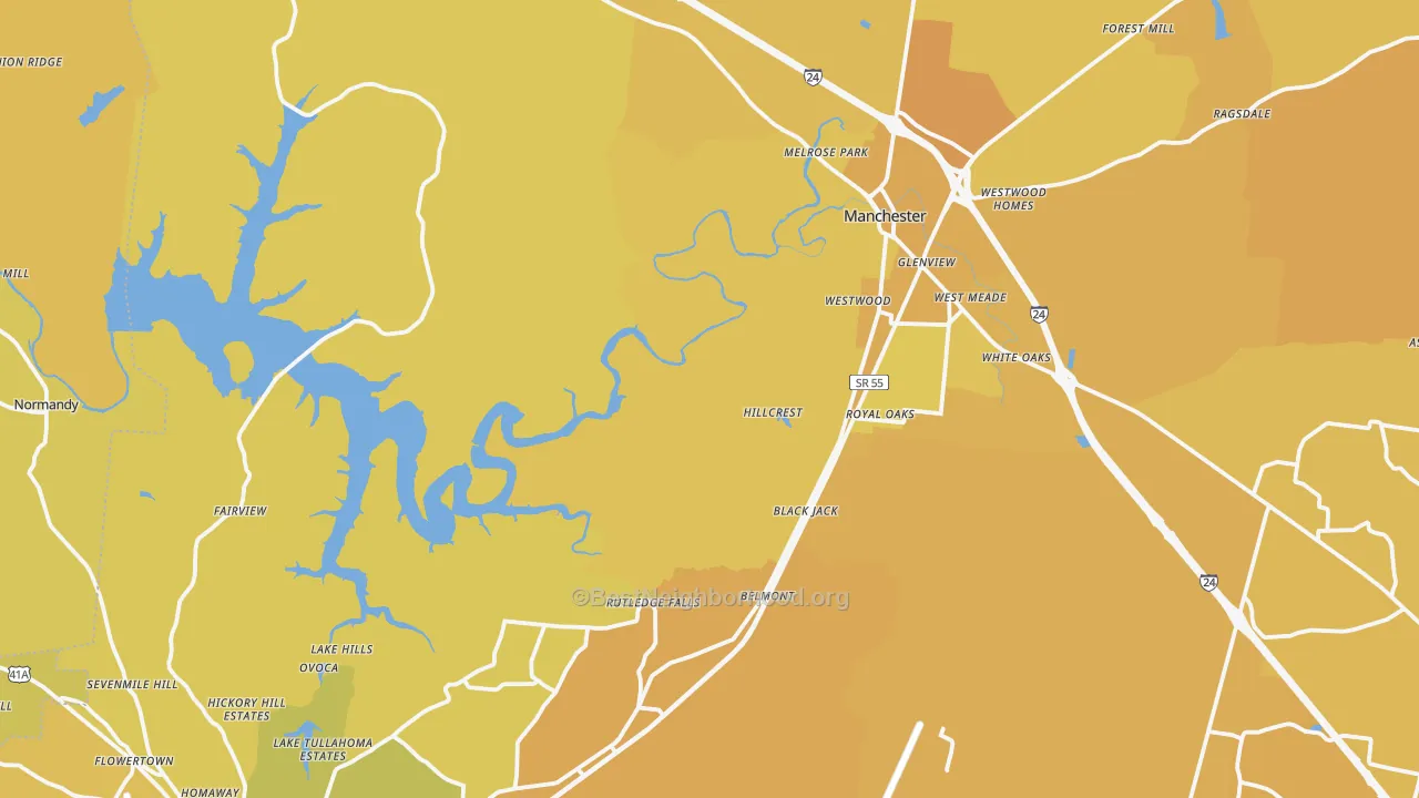 Map of the best neighborhoods in the Coffee County area, with better matches in green and worse matches in red