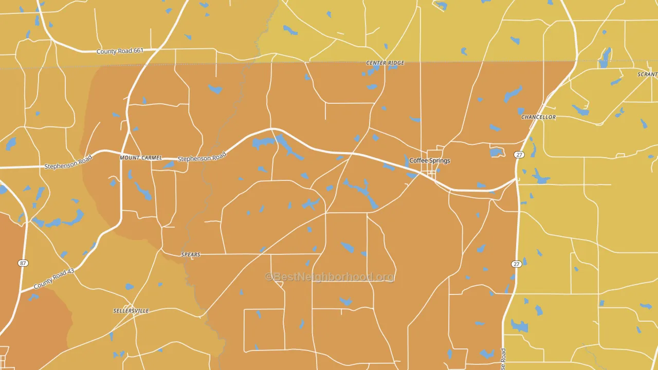 Map of the best neighborhoods in the Coffee Springs area, with better matches in green and worse matches in red