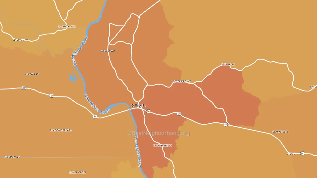 Map of the best neighborhoods in the Coffeeville area, with better matches in green and worse matches in red