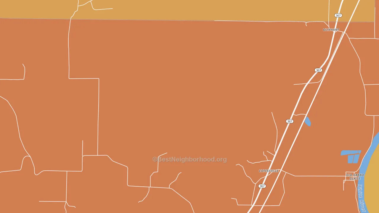 Map of the best neighborhoods in the Coffeeville area, with better matches in green and worse matches in red