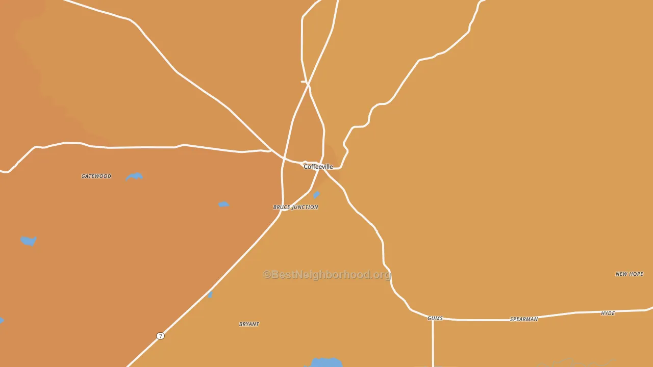 Map of the best neighborhoods in the Coffeeville area, with better matches in green and worse matches in red
