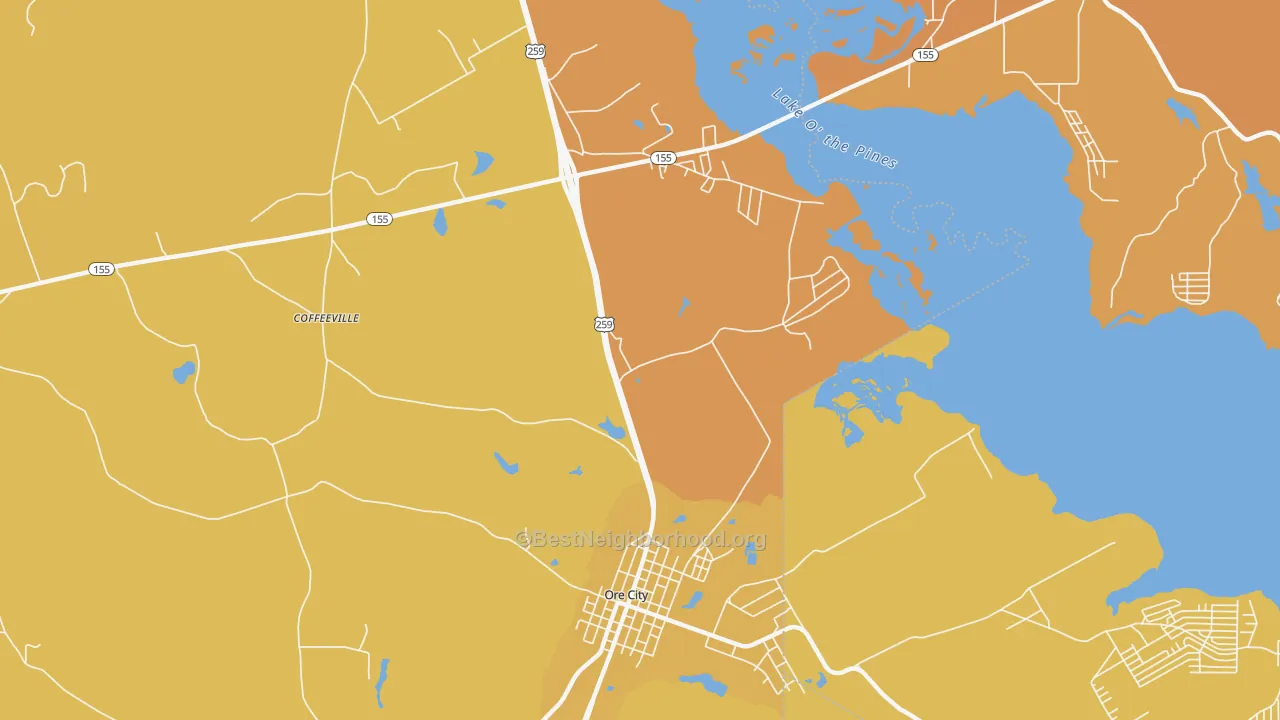 Map of the best neighborhoods in the Coffeeville area, with better matches in green and worse matches in red