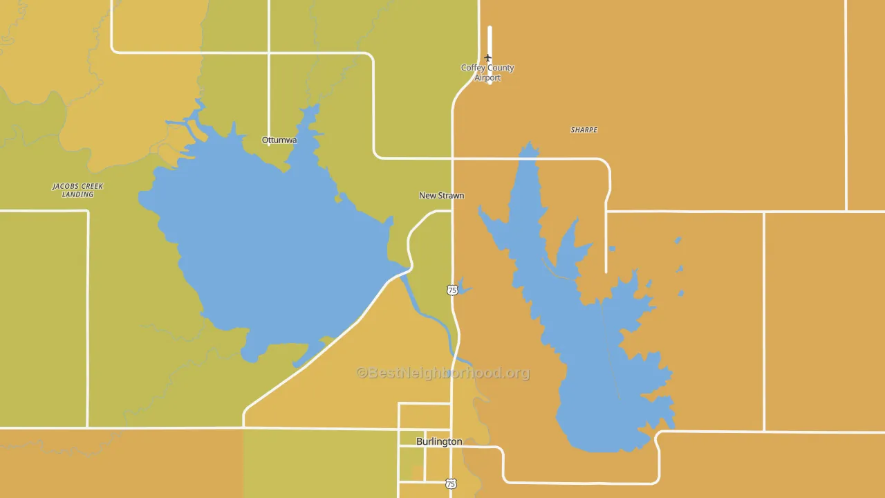 Map of the best neighborhoods in the Coffey County area, with better matches in green and worse matches in red