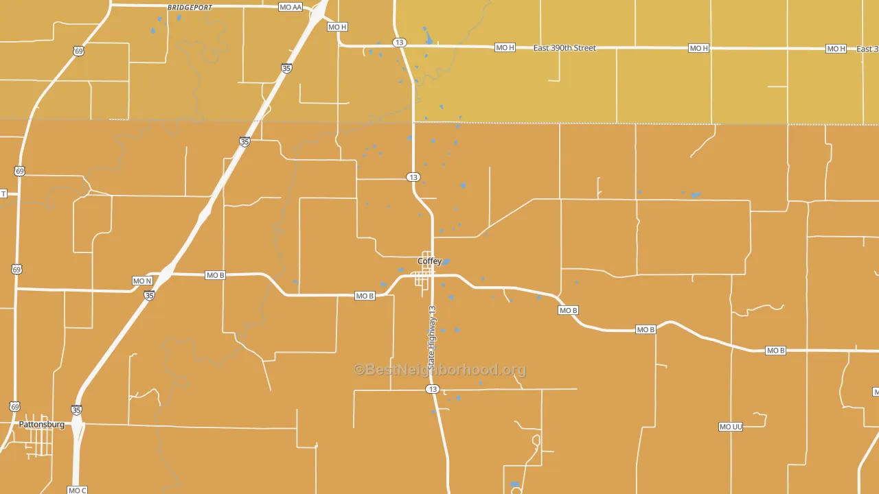 Map of the best neighborhoods in the Coffey area, with better matches in green and worse matches in red