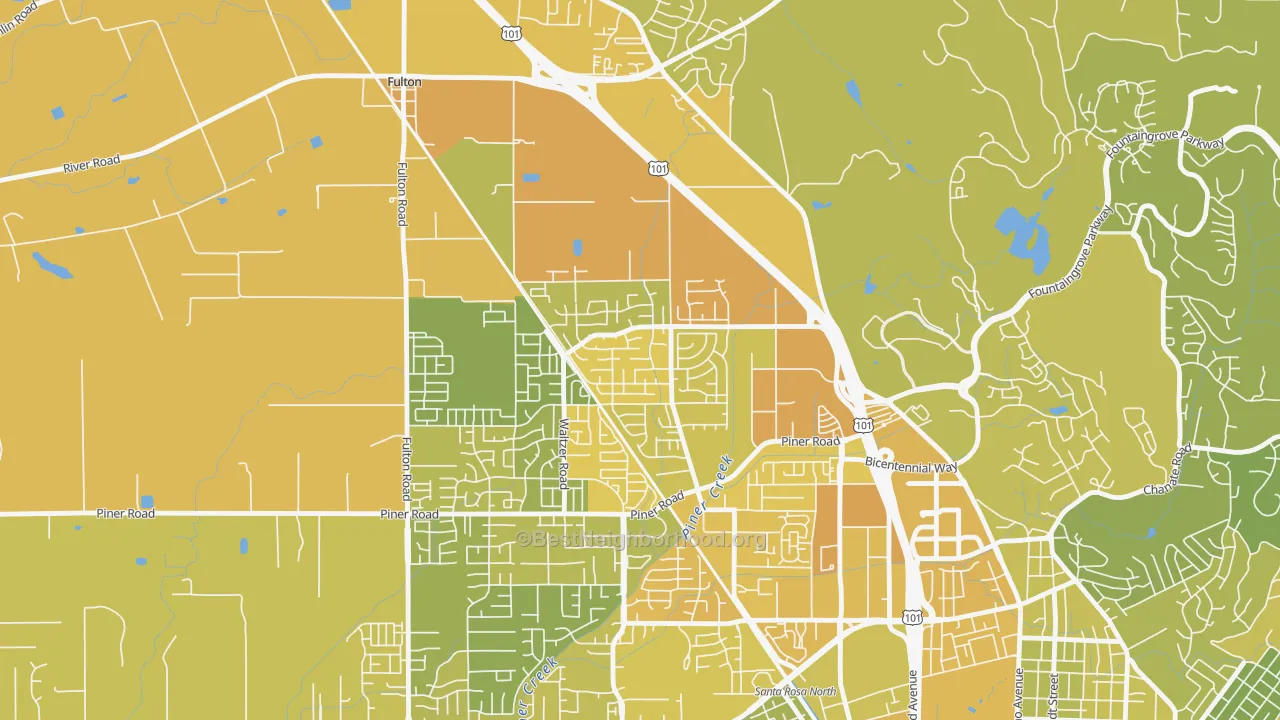 Map of the best neighborhoods in the Coffey Park, Santa Rosa area, with better matches in green and worse matches in red