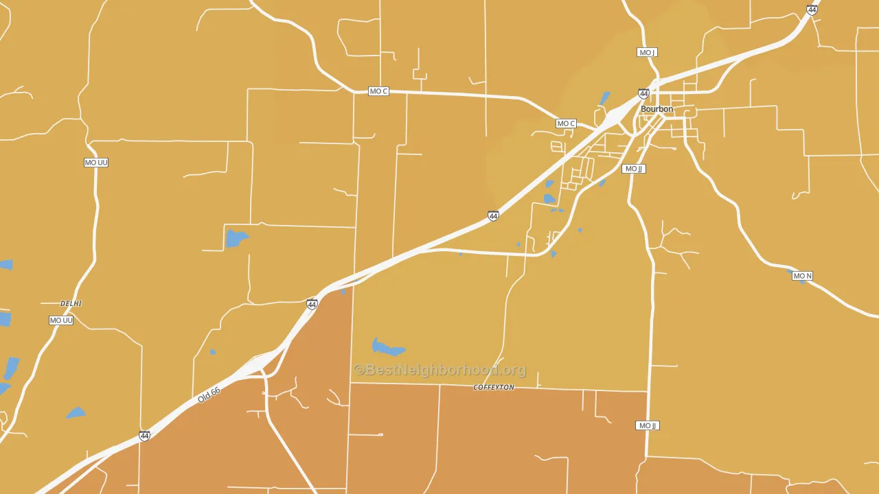 Map of the best neighborhoods in the Coffeyton area, with better matches in green and worse matches in red