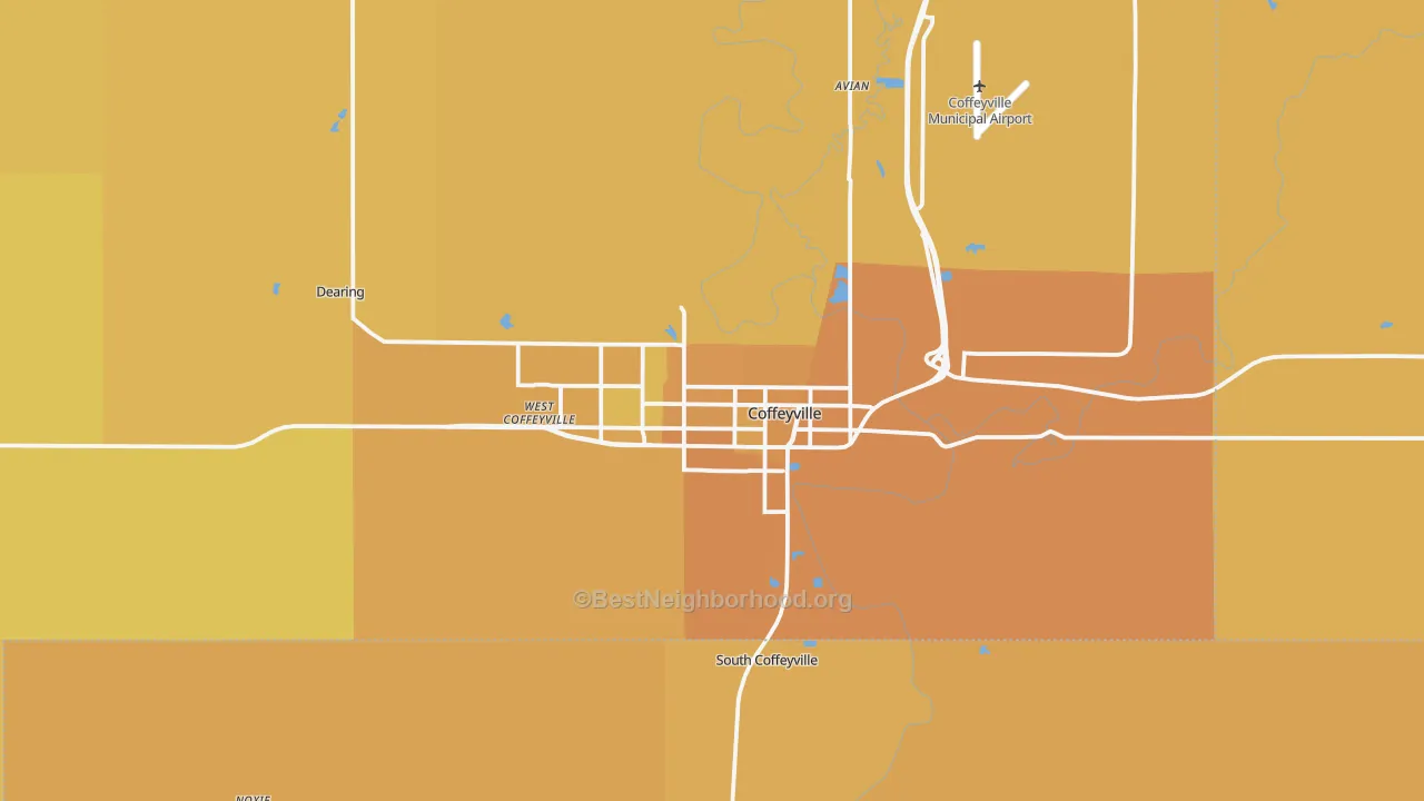 Map of the best neighborhoods in the Coffeyville area, with better matches in green and worse matches in red