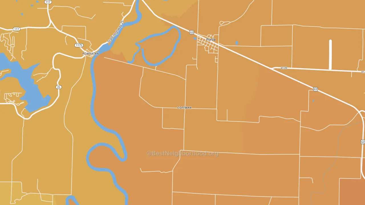 Map of the best neighborhoods in the Coffman area, with better matches in green and worse matches in red
