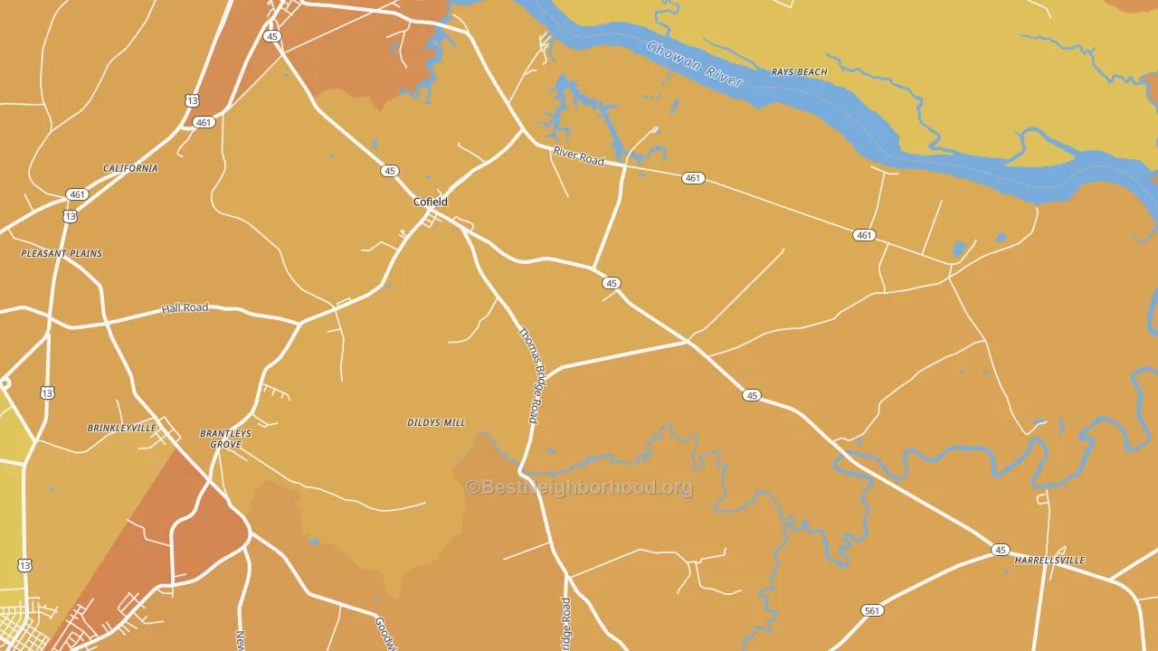 Map of the best neighborhoods in the Cofield area, with better matches in green and worse matches in red