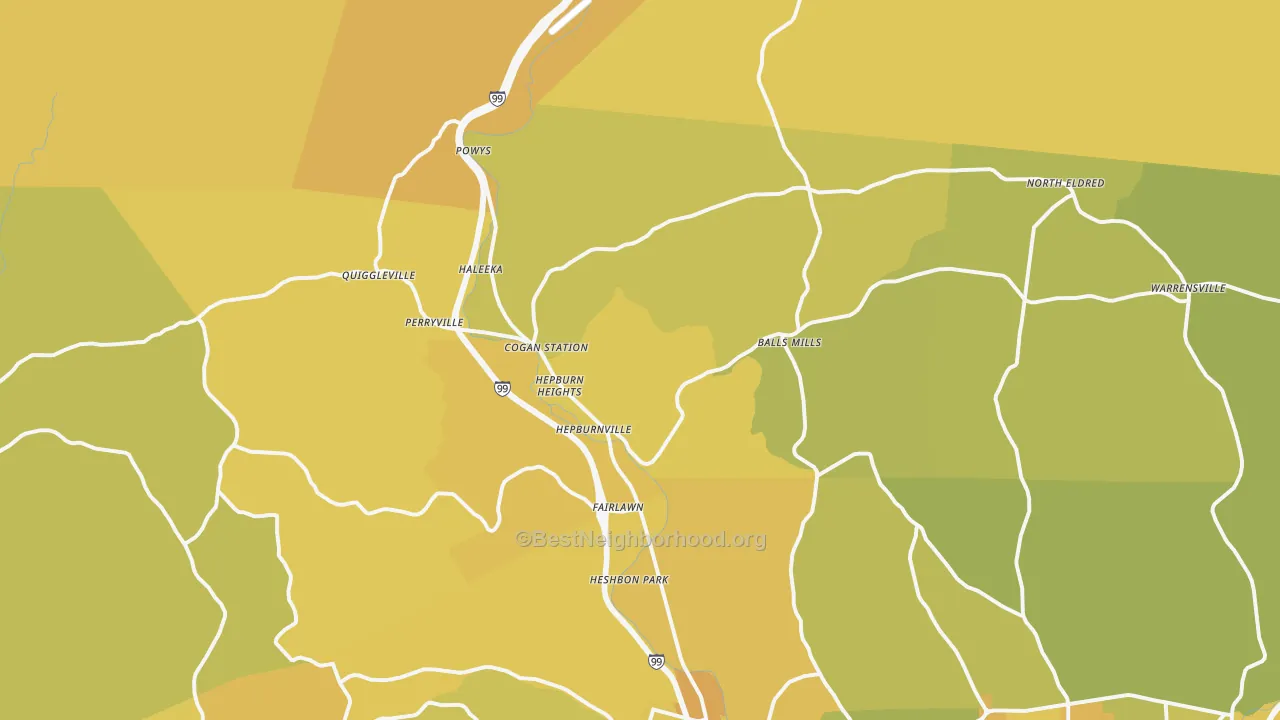 Map of the best neighborhoods in the Cogan Station area, with better matches in green and worse matches in red